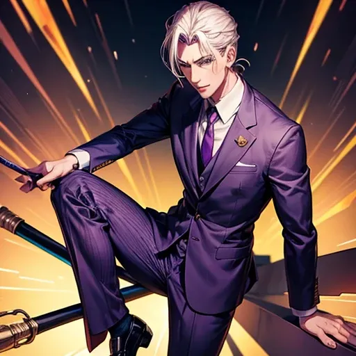 Kira Yoshikage from JoJo stands in a beautiful suit with a cane