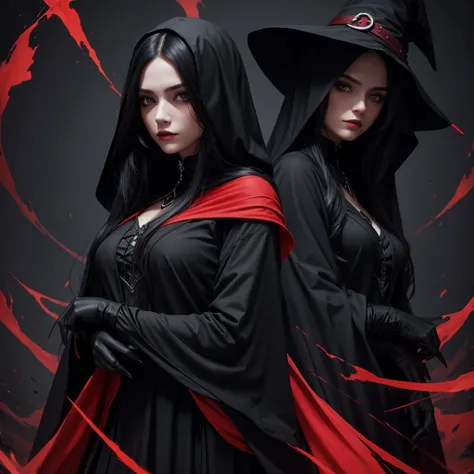 dark Witch in black and red color , full covered clothes , dark witch