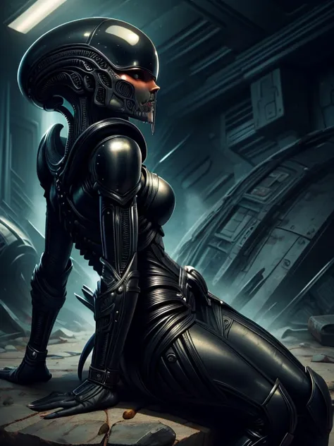 masterpiece, best quality, absurdres,  xenomorphdna, 1girl, sitting, faceless, black skin, colored skin, armored dress, looking ...