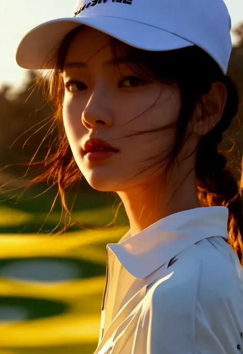 Jang Gyu-ri,1 woman, dynamic angle, golf course, white golf clothes, With golden accessories,Light Tracing, (wind blowing dust:1.2) in the foreground,(floating hair:1.1), hot sun,white hat,professional model, (realistic:1.4), official art, fractal art,unit...