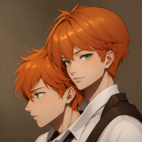 orange hair boy,Profile face,greeneyes,brown skin color, 