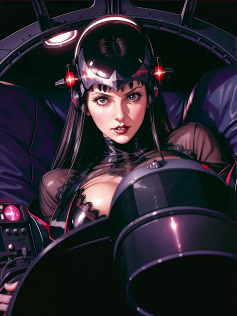 (((gothic vampire piloting) in gothic spacecraft)), (((retro anime))), ((from below)), ((120 fov)), ((((gothic)) control panels)), (((mature))), (((gothic))), (iridescent) bodysuit, ((((lace accessories)))), ((pilot seat)), ((((lying back)) pose)), (((eleg...