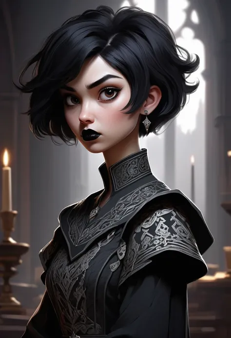 Line art, Line art, dark fantasy style, goodic style, ((masterpiece, Best Quality)), 1 girl, good, black lipstick, Very short black hair, messy hair, intricate embroidery, asco, contempt, authority, from below, Angle, tilted head, gloomy atmosphere, Strong...