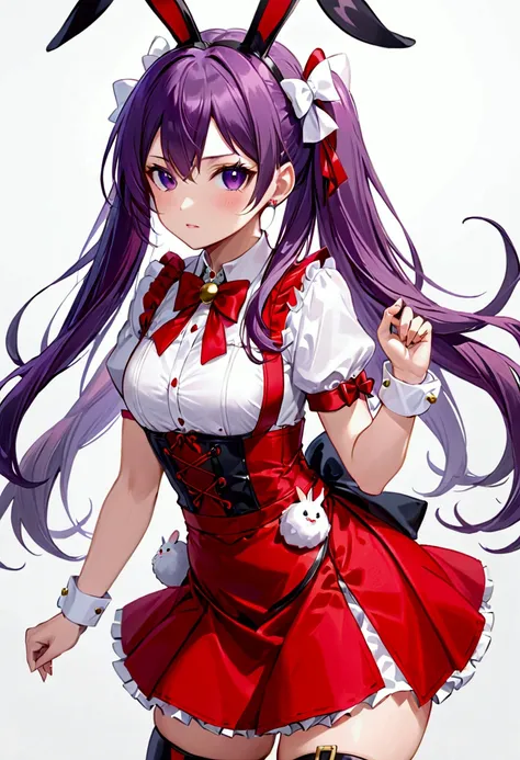 Outrageous, Best Quality, 1girl, solo, purple hair, purple eyes, long hair, big, ahBunny, bunny ears, red corset, gakuran, aprons, red neck ribbons, red skirt, hair bow, short sleeves, wrist cuffs, white thighs, jingle bells