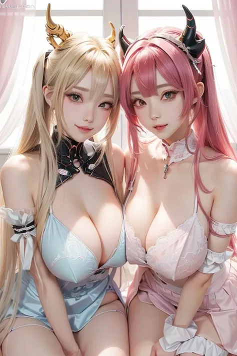 anime sex art of two sexy Anime Girls with horns and horns, tits, WLOP and Sakimi-chan, two beautiful Anime Girls, biomechanical tits, nixeu and sakimichan, Twin tails, Anime Girls, Naughty anime style, [ 4k digital art ]!!, Naughty, Her breasts are covere...