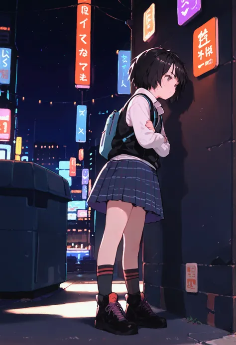 score_9, score_8_up, score_7_up, source_anime, outside, cyberpunk, city, night, sky, neon lights, cityscape, alley, 1girl, peni, white shirt, black vest, blue backpack, plaid skirt, black socks, black footwear, side view, close-up, standing, against wall, ...