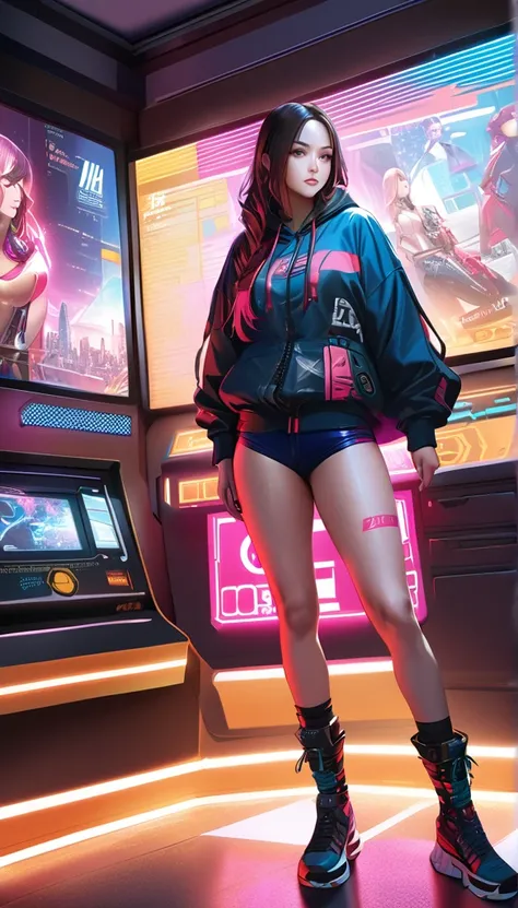 cyberpunk woman, pale skin, pawg, Bronx t-shirt, intricate cyberpunk outfit, bold colors, patterns, eye-catching accessories, trendy hairstyle, (best quality,4k,8k,highres,masterpiece:1.2),ultra-detailed,(realistic,photorealistic,photo-realistic:1.37),dram...