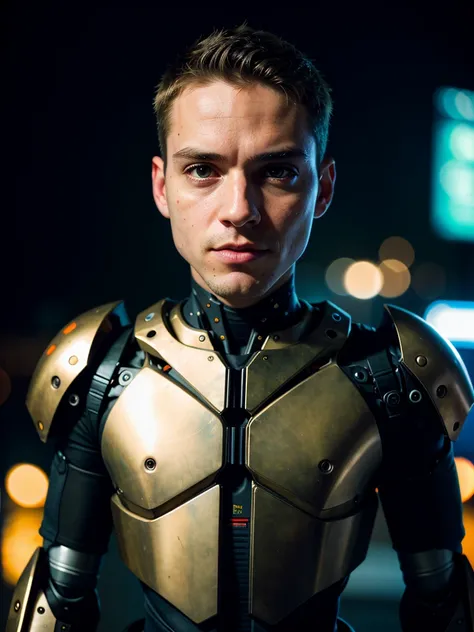 hyperrealism, photorealism, realism, masterpiece, best quality, perfect detail, perfect lighting, cyberpunk photo, realistic portrait, male cyborg, robotic face, half-human, robotic body, rusty body, old exoskeleton, simple black background, darkness, dept...