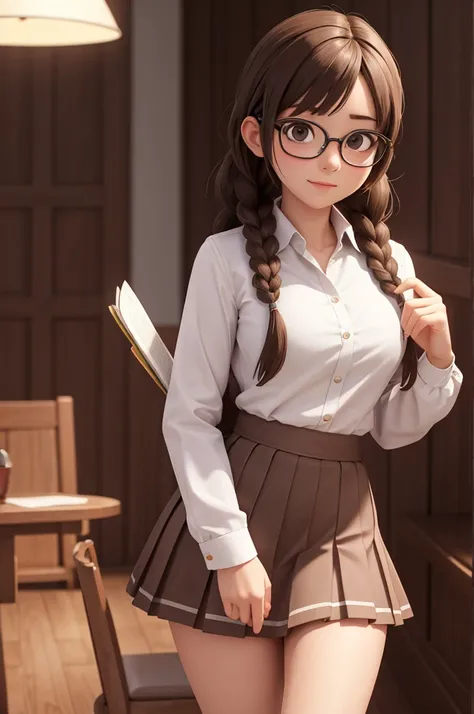 (masterpiece), best quality, high resolution, highly detailed, detailed background, perfect lighting, The student council girl with twin braids and glasses whom you dont know that shes a pervert until looking prompts, brown pleated skirt