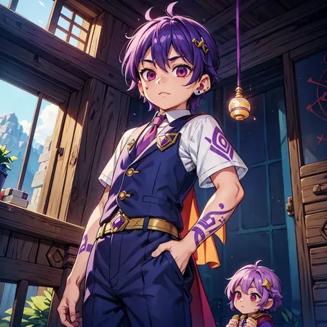 male little kid, ((rune tattoos)), purple hair, red eyes, circlet with a stone at the center, prince villager suit