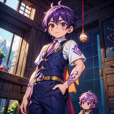 male little kid, ((rune tattoos)), purple hair, red eyes, circlet with a stone at the center, prince villager suit