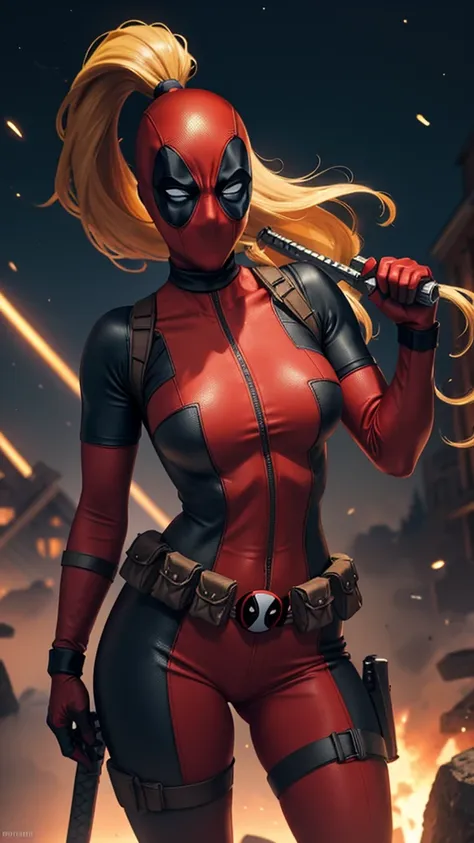 masterpiece, best quality, highres, contrapposto,
bodysuit_lady_deadpool_ownwaifu,
1girl, mask, blonde hair, ponytail, long hair...