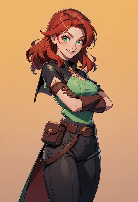 th3t4styl3, 1girl, solo, scar, gloves, belt, smile, looking at viewer, crossed arms, green eyes, cape, yellow background, simple background, breasts, weapon, red hair, boots, thigh boots, pouch, brown gloves, scar on face, pants, short sleeves, cowboy shot...