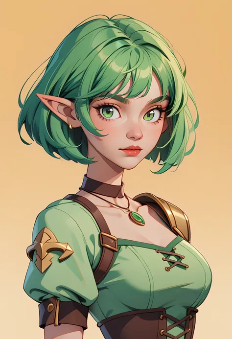 th3t4styl3, 1girl, pointy ears, green eyes, solo, green hair, elf, choker, short hair, breasts, jewelry, shoulder armor, looking...