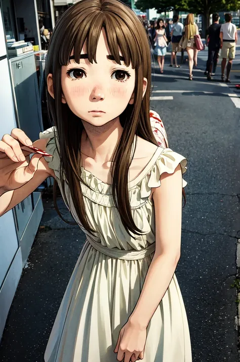 Aiko Tanaka from oyasumi punpun brown hair brown eyes white dress with sad face with blood, antique manga effect