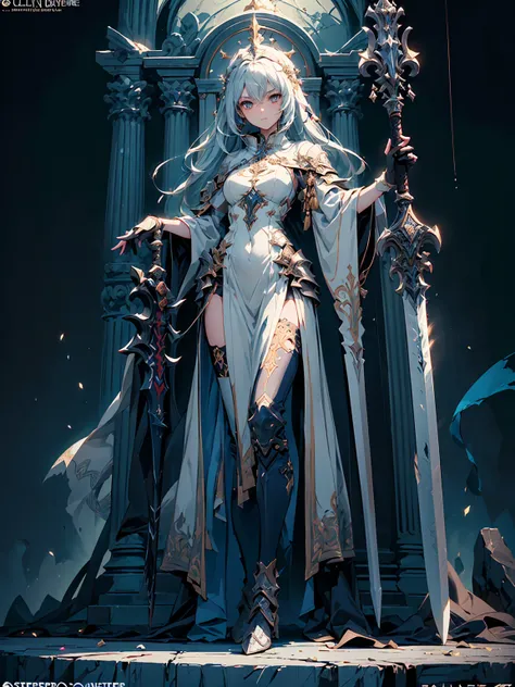 (((masterpiece, best quality, high detailed, 8k))) Design a layout showcase Gaming character, (1girl). White|Gold clothes, stylish and unique. ((showcase weapon:1.4)), holy scepter. (masterpiece:1.2), (best quality), 4k, ultra-detailed. (Step by step desig...