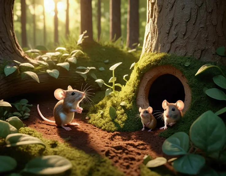 A breathtaking, hyperrealistic view of Whispering Woods at dawn. Lush green trees tower over a clearing bathed in the warm glow of the rising sun. A tiny brown and white mouse family emerges from a hole near the baseboard. 8k, 3d like, animation style, cut...