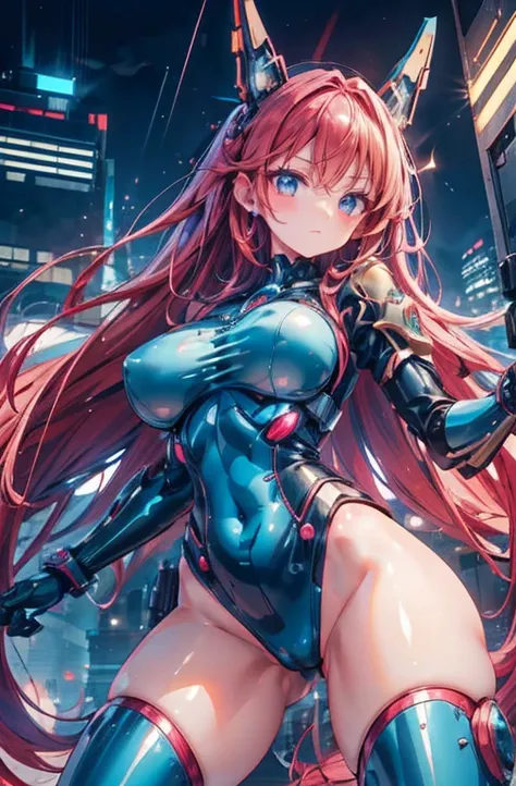 Anime Kawaii sexy Perfect Slim sensual body large breast and huge thighs, An intricate and highly detailed illustration of anime (Young girl). work of art , Kizi ,breasts big. very long red hair , ((shining blue eyes)) ,  declive , perfect figure , ( techn...