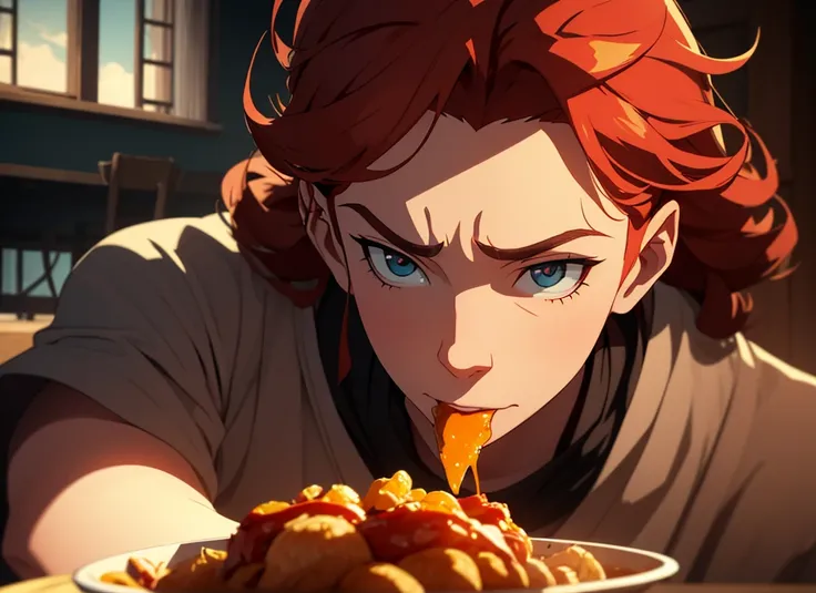  a mischievous redheaded boy named Kashi, eating while his large, fiery-haired father cowers in fear of Kashis curly-haired mother, who is half his size, detailed facial features, beautiful intricate eyes, warm color palette, dramatic lighting, cinematic c...