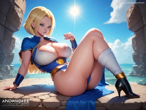 Beautiful girl blonde hair with blue eyes white skin black eyeliner,(( Andriode 18- Dragon ball super)), slim and curvy body image 1.2 high resolution sensual smile show huge and perfect breasts,  legs apart with heels erotic poses ,squirting  , NSFW 