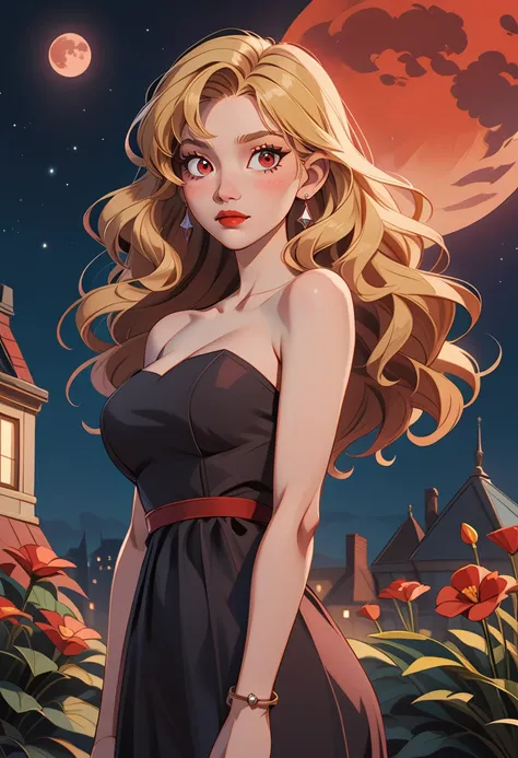 th3t4styl3, 1girl, dress, jewelry, solo, flower, moon, breasts, night, blonde hair, long hair, earrings, sky, black dress, red f...