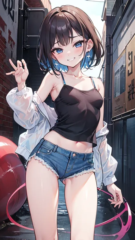 (8K、Highest image quality、best quality、masterpiece)、Detailed face、((two :2))、brown hair、short hair、brown eyes、smile、((Grinning))、earrings、((small breasts))、((pink camisole))、((Denim shorts))、Cowboy shooting、black hair、Double tail、light blue eyes、smile、((Gr...