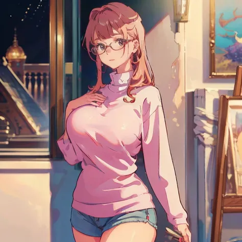 Anime Kawaii sexy Perfect Slim sensual body large breast and huge thighs, An intricate and highly detailed illustration of anime (Young girl). (breathtaking mature beauty,intellectual and elegant,luminous pink sweater,chestnut hair,(best qualityer,work of ...