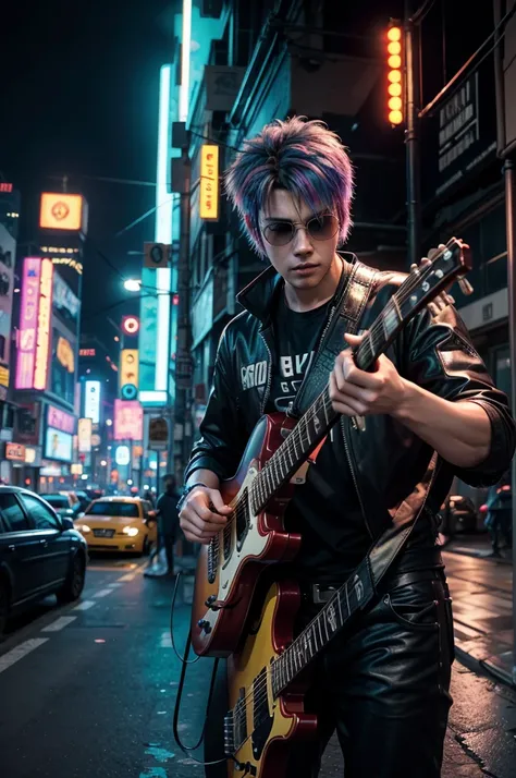 Bart playing guitar in Cyberpunk city style with vibrant colors