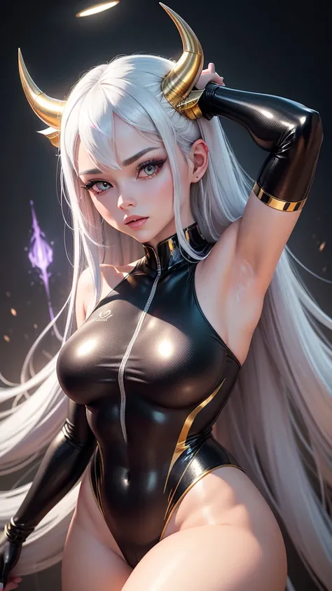 Create a hyper-realistic 3D image of a beautiful girl with violet eyes, white hair,  golden horns , and a spectacular halo and angel wings dressed in shiny black lycra tailored to her body in a sensual and attractive pose, the image must be perfectly detai...