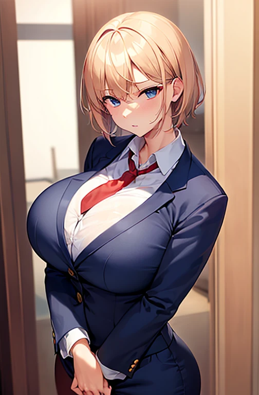 alone、((Huge breasts))、Blonde、Very short hair、blue eyes、Tight waist、student、Navy blue blazer、Navy blue slacks、Red tie、expensive、Red cheeks、Perm、Confident expression