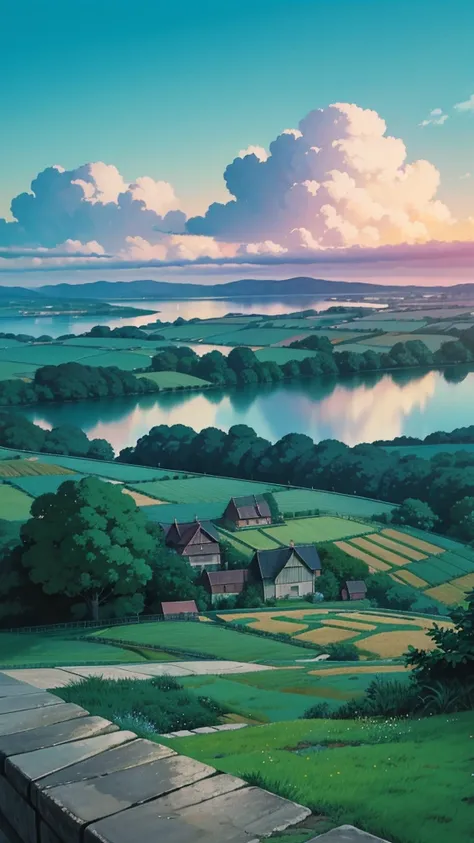 animesque、Skyscape with clouds、Landscape without buildings、You can see the touch of the brush、Studio Ghibli、Ghibli、Humid、the ground is wet、Scenery、Style、Golden Time、sky line、evening,  hd, HDR, 8K