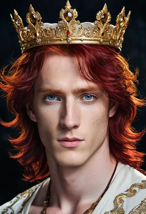 Generates an ultra-detailed image of a With these specifications - with deep red hair - the color of his eyes would be red with a golden iris - with a tattoo of a moon on his forehead - with a well-marked perfect body - with a golden crown that stands out ...