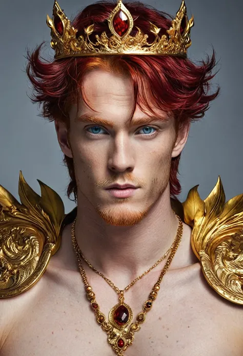 Generates an ultra-detailed image of a With these specifications - with deep red hair - the color of his eyes would be red with a golden iris - with a tattoo of a moon on his forehead - with a well-marked perfect body - with a golden crown that stands out ...