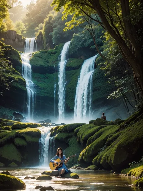 A beautiful woman dressed in traditional Thai attire from classical literature, playing a guitar on a rock by a waterfall. The scene is illuminated by the soft, golden sunlight, creating a serene and enchanting atmosphere.