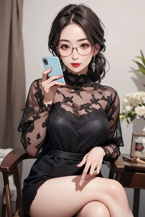 8k, Mature and elegant Japanese woman, 55 years old, Married women, Delicate features, Long eyelashes, Sparkling eyes, Low Ponytail, Red lipstick, Rosy Cheeks, eye shadow, wear glasses, Attractive lips,  Sexy Lingerie, Sit on a chair, Crossing your legs, P...