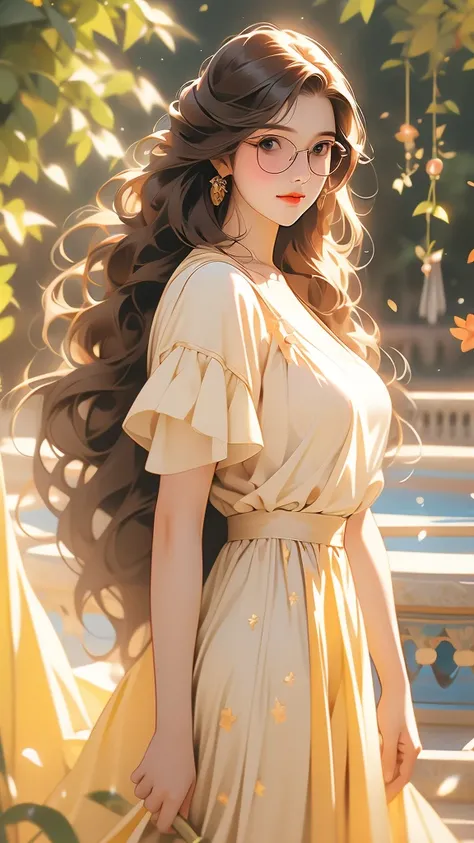 a picture of a woman standing with long blond hair posing over her shoulder, 1girl, long hair, solo, realistic, dress, brown hair,Fat girl wearing black glasses,Cheerful girl,,sun_glasses