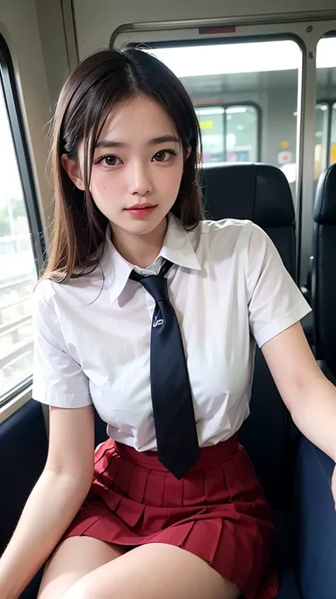 (masterpiece, Highest quality:1.2), 8k, 15 years old, 85mm, Official Art, RAW Photos, Absurd, White dress shirt, Pretty face, close, Upper Body, Violet, Gardenias, beautiful girl, , (Navy Pleated Skirt:1.1), Squeeze the waist, Thighs, Short sleeve, in the ...