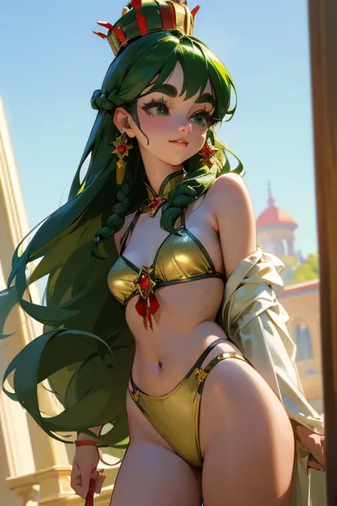 (Highest quality, masterpiece:1.2), High resolution, Very detailed, Realistic:1.37, Fantasy, An illustration, Green Eyes、Queen, Red and green swimsuit、Platinum decoration、beautifully、Eyeshadow Red、Thick eyebrows、Long eyelashes、pupils are black、Her hair is ...