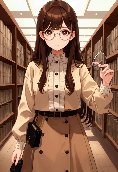 1 girl, medium construction, ((round glasses)), long brown hair, blunt bangs, Brown eyes, ((neutral)), (captivating expression), expressionless, modern, selfie, (((contemporary))), library background
