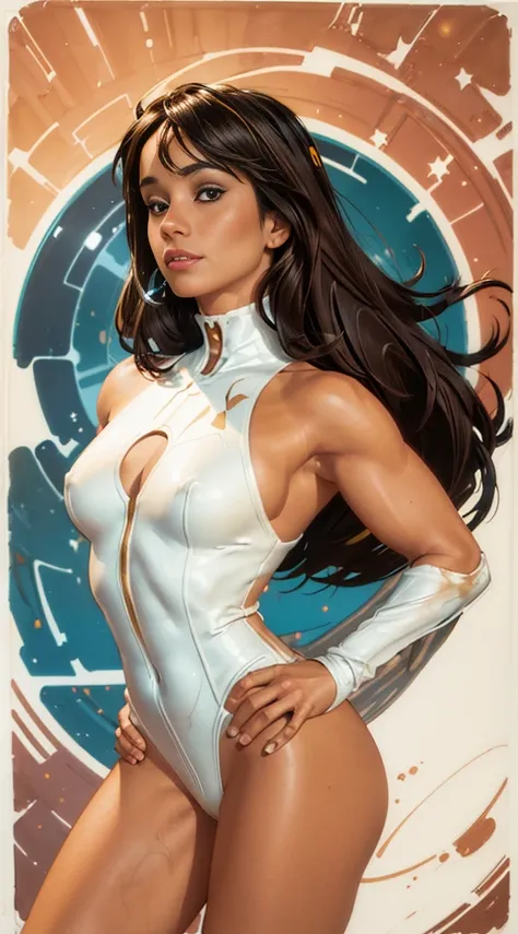 Mayara Rodrigues as a beautiful woman wearing a white scifi bodysuit artstyle by Adam Hughes, masterpiece, perfect pose, high quality, fine lines, thin strokes, ink painting style, soft colors, flowing brushstrokes, low angle