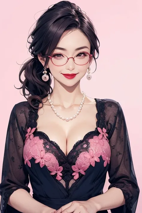 Beautiful mature Japanese woman aged 55, One woman, Married women, Long eyelashes, Low Ponytail, Hair fluttering, Red lipstick, Pink Cheeks, Pearl Necklace, Earrings, Dark eyeshadow, wear glasses, Cleavage, Satin lace dress, Beautiful body, Beautiful smile...