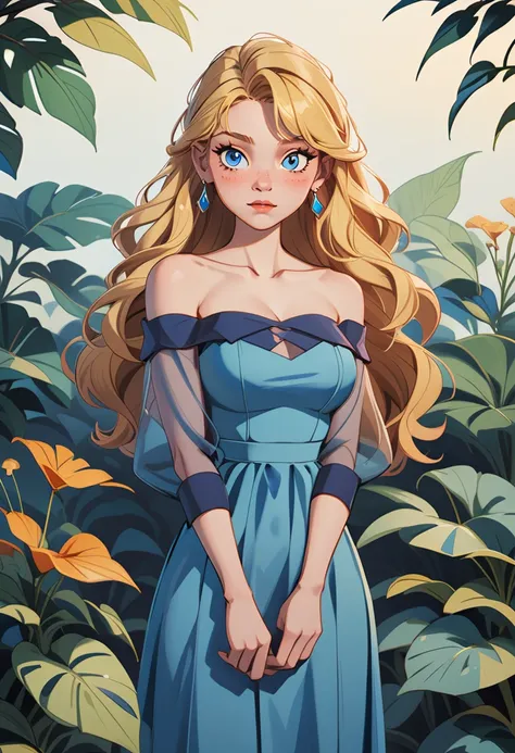 th3t4styl3,1girl, dress, solo, long hair, blonde hair, blue dress, jewelry, blue eyes, earrings, looking at viewer, breasts, bare shoulders, cleavage, flower, long sleeves, off-shoulder dress, off shoulder, collarbone, plant, blush, freckles, leaf, see-thr...