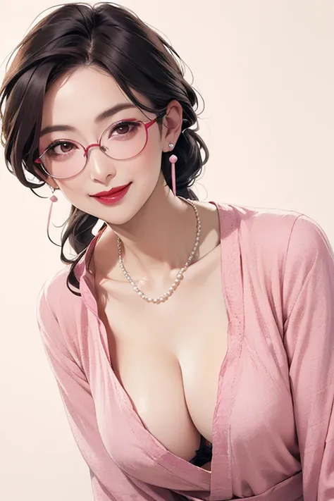 Beautiful mature Japanese woman aged 55, One woman, Married women, Long eyelashes, Low Ponytail, Hair fluttering, Red lipstick, Pink Cheeks, Pearl Necklace, Earrings, Dark eyeshadow, wear glasses, Cleavage, Beige bra, Beautiful body, Beautiful smile, Pink ...