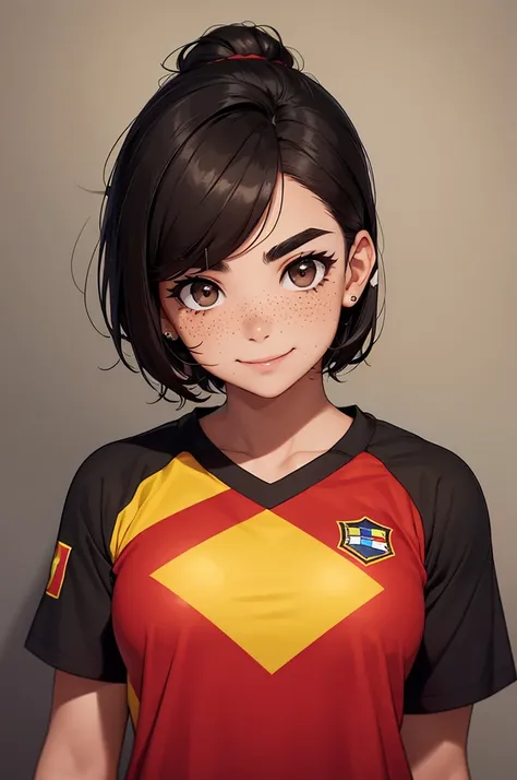 man , Brown eyes , short black hair, thick eyebrows , she has freckles on her face , wear the shirt of the Venezuelan national team of 2024 , smile