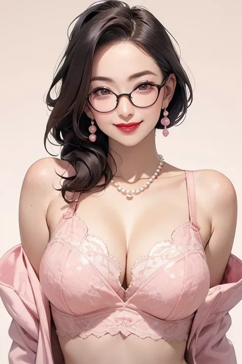 Beautiful mature Japanese woman aged 55, One woman, Married women, Long eyelashes, Low Ponytail, Hair fluttering, Red lipstick, Pink Cheeks, Pearl Necklace, Earrings, Dark eyeshadow, wear glasses, Cleavage, Beige bra, Beautiful body, Beautiful smile, Pink ...