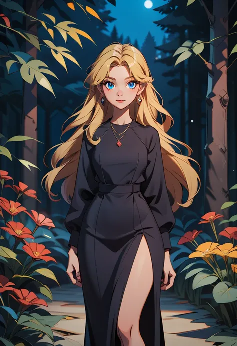 th3t4styl3,1girl, solo, dress, long hair, black dress, blonde hair, flower, blue eyes, jewelry, earrings, looking at viewer, lon...