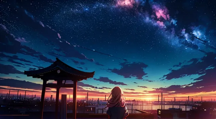 in the roof of a high school during a night with a lot of stars, a girl in a japanese  is looking at the night sky filled by a l...