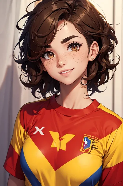 MALE MAN, Brown eyes , short curly hair, thick eyebrows , she has freckles on her face , wear the shirt of the Venezuelan national team of 2024 , smile