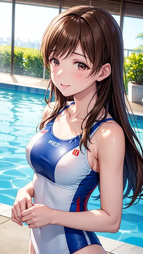 Buckshot、Turn your back、Highest quality、high resolution、High definition、HD、Indoor Pool、Poolside、(Nitta Minami、Long Hair、Medium chest、Brown Hair、Brown eyes、Glossy lips、Glowing Skin、Realistic skin texture、White competitive swimsuit、(Plain swimwear))、Staring ...