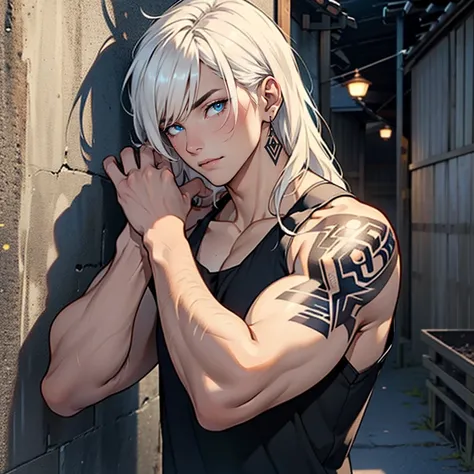 ((masterpiece)), (((best quality))), solo, 1 male, pale white skin, white hair, shoulder-length hair, straight hair, handsome young man, blue eyes, lean, tall, slender, detailed background of a japanese village, black tank top, intricate tattoos on both ar...